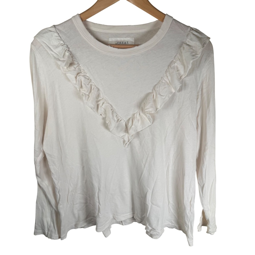 THE GREAT. Ruffle‎ Long Sleeve Tee Womens 1 White Cotton Distressed Boho Top